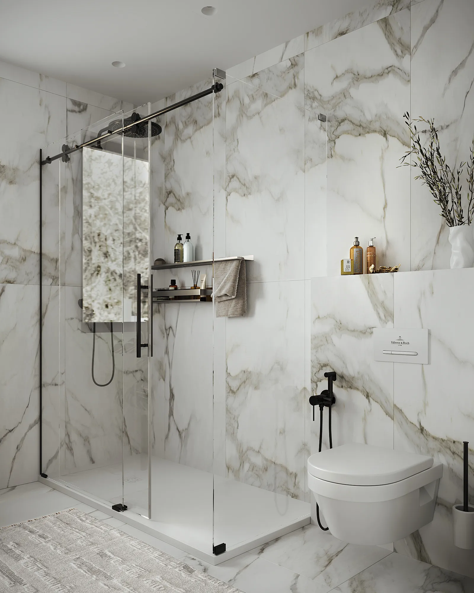 Diseño de baño Calacatta Noir en Sellent